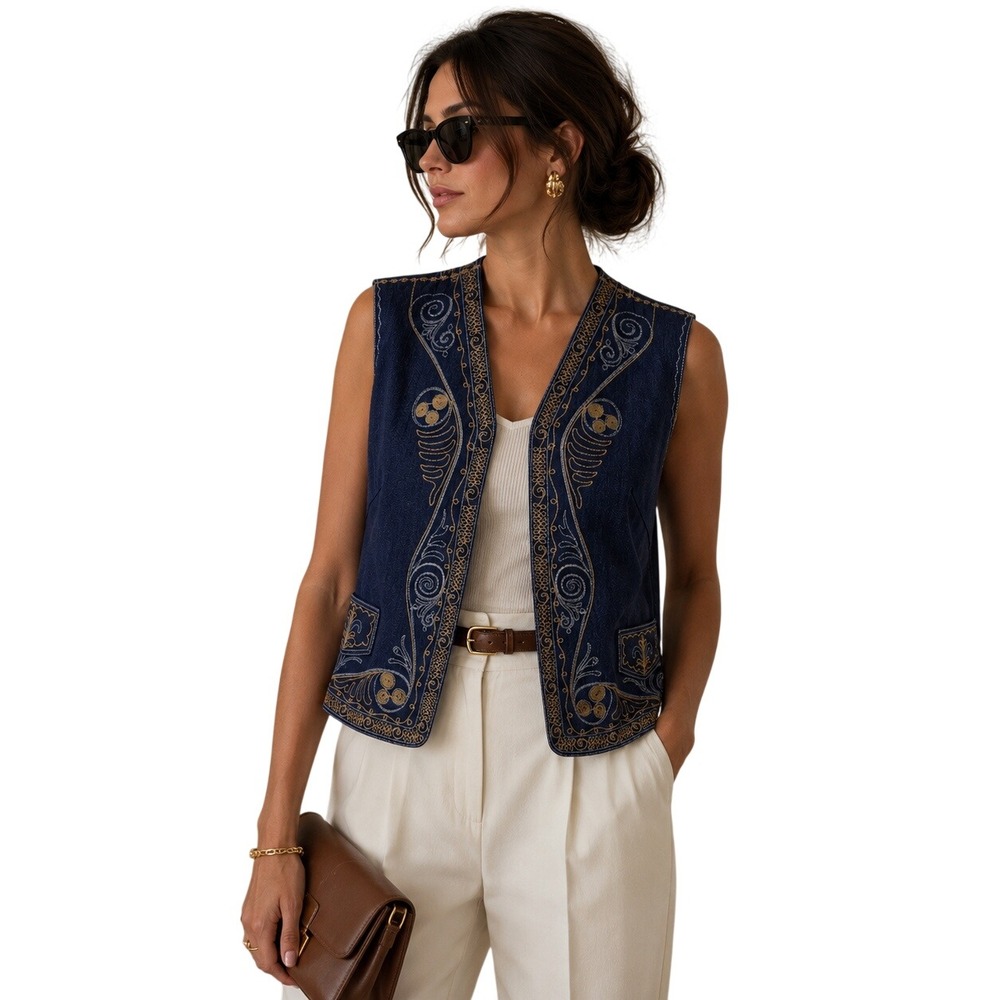 Coldwater Creek Womens XL Blue Denim Embroidered Ornate Metallic Boho Vest